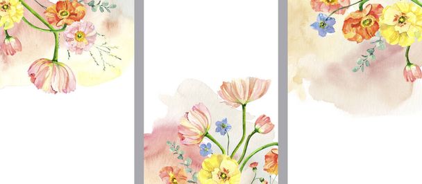 Handgemaltes Aquarell Blumenstrauß. Island Poppies, Eukalyptus und blaue Blumen Illustration isoliert auf weißem Hintergrund. Vorgefertigte Hochzeitseinladungsvorlagen, Karten, Banner  - Foto, Bild