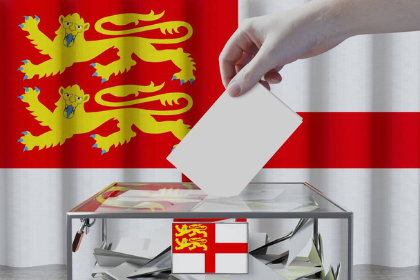 Sark lippu, käsi pudottamalla äänikortti laatikkoon - Äänestys / vaalit käsite - 3D-kuva - Valokuva, kuva