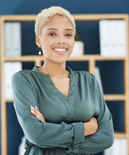 Happy, proud and black business woman success of a entrepreneur in a office. Portrait of a startup manager from New York ready to start working on leadership vision and company growth with a smile. - 写真・画像