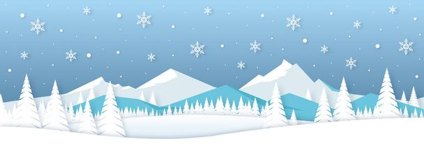 Téli vásár zászló. Idilli havas téli táj üdvözlőlap. Vektor illusztrációja téli hegyvidéki táj havas fenyőfák, dombok és hóesés kék háttér. - Vektor, kép
