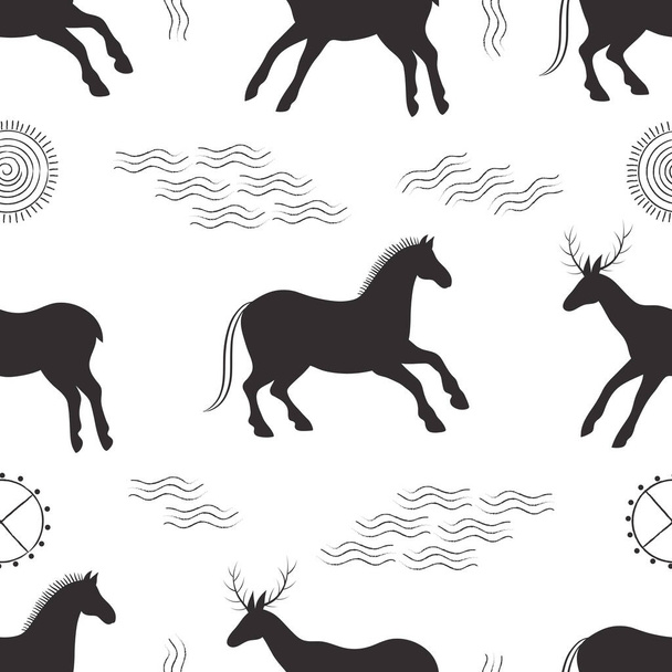 Vector graphic seamless pattern with wild ancient animals, patterns, totems. Imitation of ancient rock paintings - Διάνυσμα, εικόνα