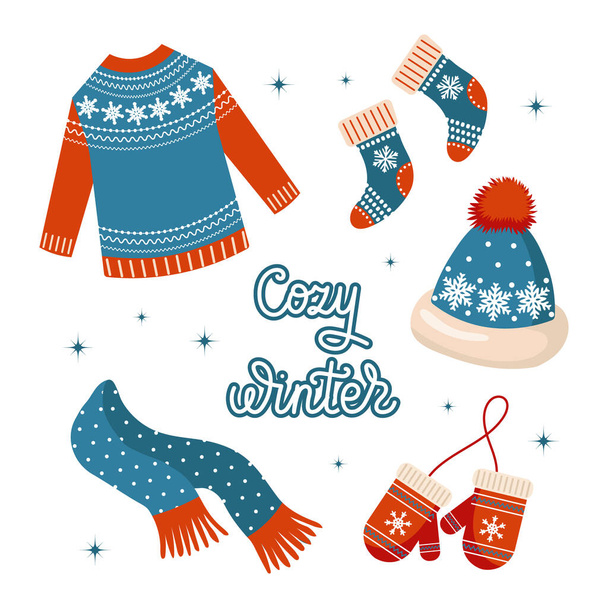 Conjunto de ropa de Navidad, suéter, calcetines, sombrero, bufanda y manoplas. Diseño rojo y azul con copos de nieve. Ilustración, vector - Vector, imagen