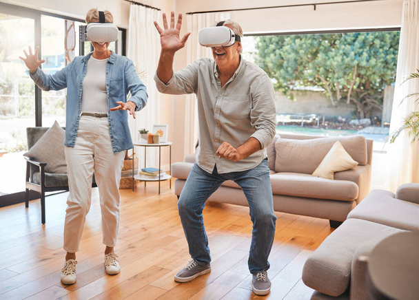 Retirement, vr and technology with couple and 3D gaming in the metaverse, internet or futuristic in living room. Virtual reality, creative and games with old man and woman at home with future headset. - 写真・画像