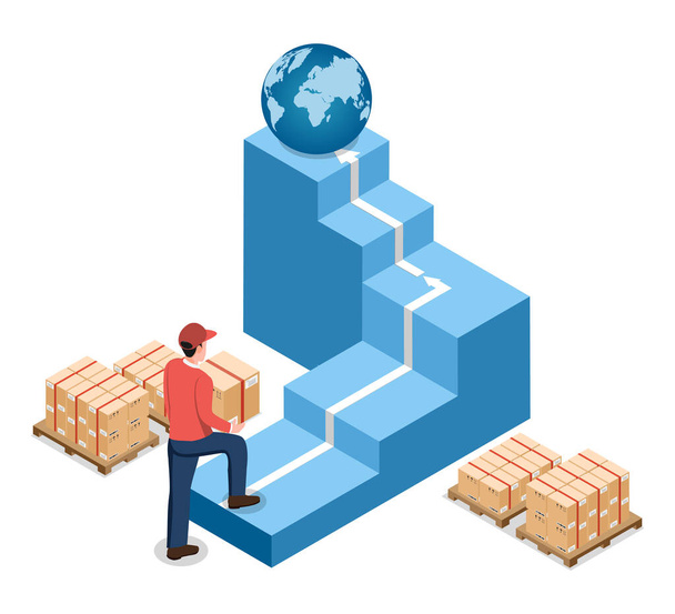 3D isometrisches Logistik- und Zustellkonzept mit Delivery Man Lieferung Pakete, die um die Welt geschickt werden. Vektorillustration eps10 - Vektor, Bild