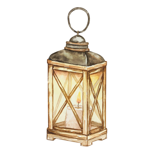 Watercolor autumn beige lantern with burning candle isolated - Photo, image