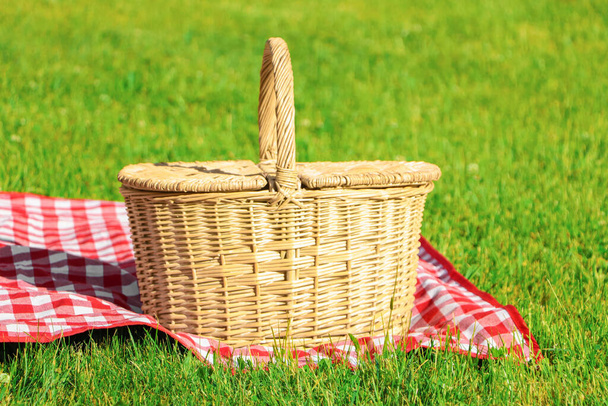 Picnic basket with checkered tablecloth on green grass outdoors - Foto, imagen