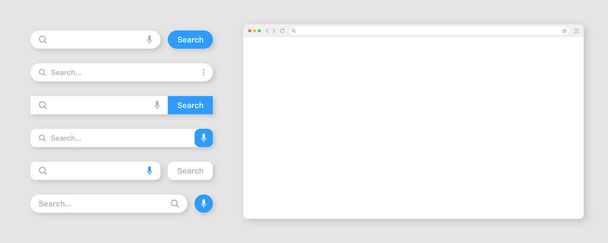 Blank internet browser window with various search bar templates. Web site engine with search box, address bar and text field. UI design, website interface elements. Vector illustration.  - ベクター画像