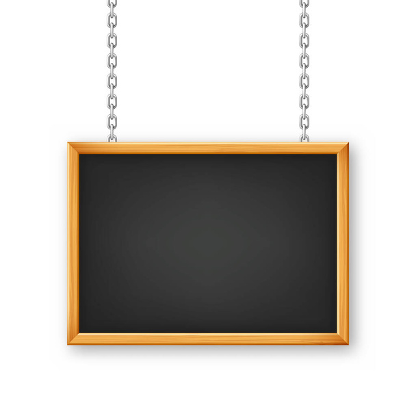 Signboard in a wooden frame hanging on a metal chain. Restaurant menu board. School chalkboard, writing surface for text or drawing. Blank advertising or presentation board. Vector illustration. - ベクター画像