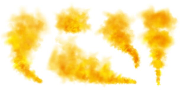 Gelbe bunte Rauchwolken isoliert auf weißem Hintergrund, realistischer Nebeleffekt, Nebel. Dampf in der Luft, Dampfstrom. Vektorillustration. - Vektor, Bild