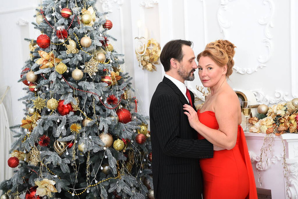 Adorable woman looking straight while being embraced by pleased husband against Christmas background - Fotoğraf, Görsel