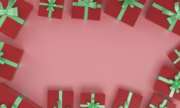 Red background around Christmas or birthday gifts on top view. passionate present. 3D Rendering. - Foto, Imagem