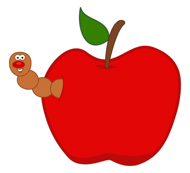Maggot marrom sorridente saindo de uma maçã vermelha suculenta - vetor - Vetor, Imagem