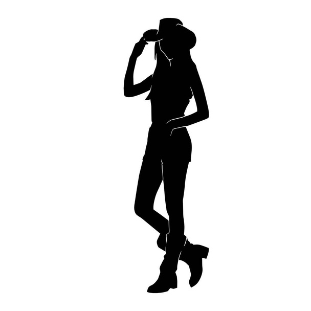 silhouette vettoriale di una cowgirl che indossa un abito occidentale su sfondo bianco - Vettoriali, immagini