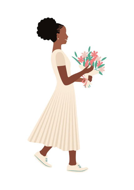 Cute little girl in an airy dress with a bouquet of flowers. Congratulations on the holiday. Vector illustration isolated on white background. - Vektor, Bild