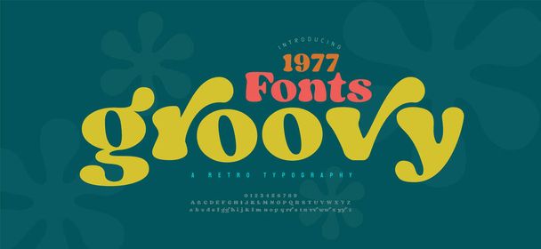 70 'lerin modası geçmiş alfabe harfleri yazı tipi ve numarası. Typography dekoratif fonts vintage konsepti. Grafik tişört ya da poster logosu çıkartmaları için hippi sembolleri olan ilham verici slogan baskısı. vektör illüstrasyonu - Vektör, Görsel