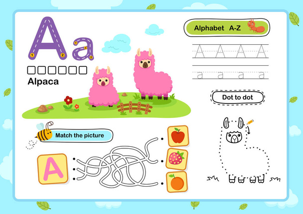 Alfabeto Carta A-Alpaca exercício com desenho animado vocabulário ilustração, vetor - Vetor, Imagem