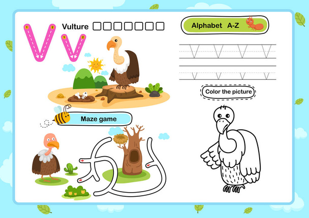 Γράμμα Αλφαβήτου V-Vulture άσκηση με εικονογράφηση λεξιλογίου κινουμένων σχεδίων, διάνυσμα - Διάνυσμα, εικόνα