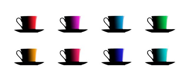 Se ven cuatro tazas de café caliente que desprenden nubes de vapor y se sientan en platillos. Esta es una ilustración en 3D.  - Foto, imagen