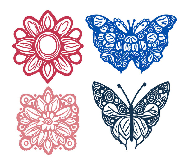 Dekorative Schmetterling Clip Art Set. Vintage Vector Botanical Blume Symbolgruppe für Öko-Schönheit. Illustration von Sommer-Wildtier-Insekt mit kunstvoller Blüte - Vektor, Bild