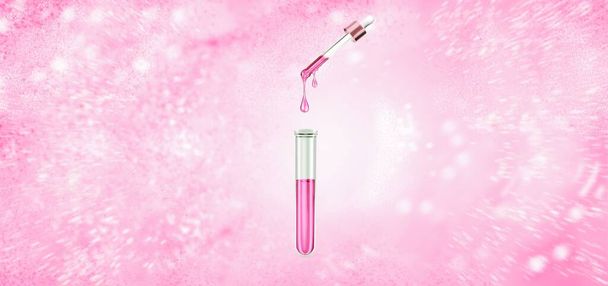 A stretched drop on a cosmetic pipette drips into a glass tube.A banner for advertising rose and pink cosmetics, organic flower cosmetics and laboratory research. Pink extract, pink liquid, oil or - Zdjęcie, obraz