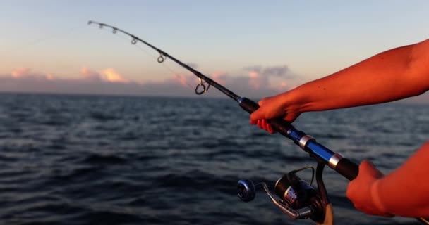 Hands of fisherman and fisherwoman hold spinning rod and reel handle. Hobbies and activities and sea fishing - Footage, Video