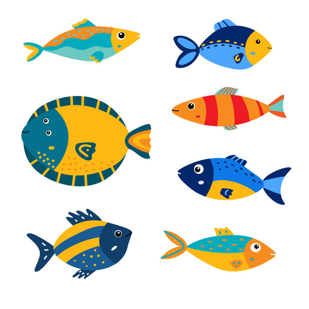 Cute cartoon fish. Set of tropical marine fishes. Baby kids collection. Vector illustration - Vetor, Imagem