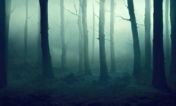 Tajemnicza mgła głęboko w lesie nocą, ciemne sylwetki drzew z gołymi gałęziami. Cyfrowa ilustracja 3D - Zdjęcie, obraz