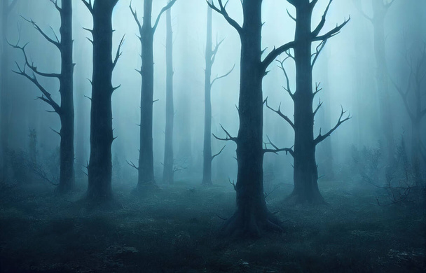 夜の秋の森、裸の枝や密な霧の中で濃い青の木のシルエット。3Dデジタルイラスト - 写真・画像