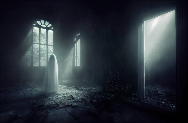 White ghostly figure in abandoned room, haunted house interior, mysterious night atmosphere with beautiful rays of moonlight. 3D digital illustration - Photo, Image