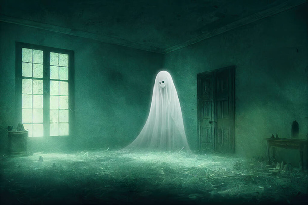 White creepy female ghost with sad face in abandoned room, haunted house interior, eerie glow, creepy atmosphere. 3D digital illustration - Photo, Image