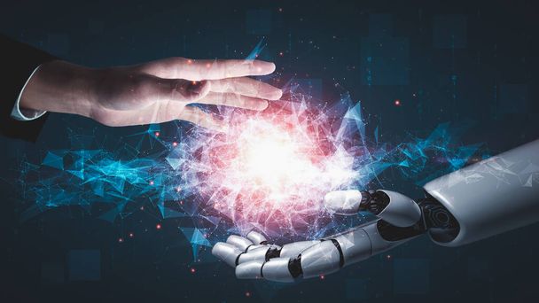 未来型ロボット人工知能は、 AI技術開発と機械学習の概念を啓発します。人間の未来のための世界的なロボット生物科学研究。3Dレンダリンググラフィック. - 写真・画像