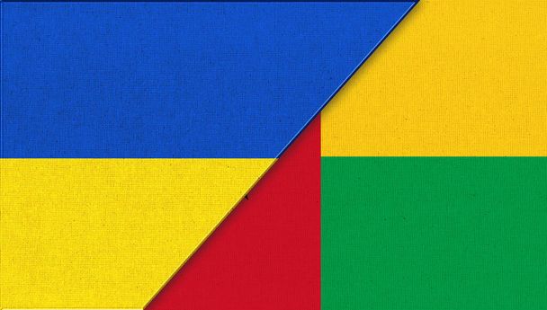 Bandera de Ucrania y Guinea-Bissau - Ilustración 3D. Dos banderas juntas - Textura de tela. Símbolos Nacionales de Ucrania y Guinea-Bissau. Dos países. Bandera de Guinea-Bissau. bandera en la superficie de la tela - Foto, imagen
