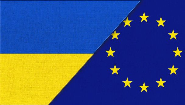 Euroopan unionin lippu. EU:n lippu. Keltaiset tähdet Euroopan lipun sinisellä pohjalla. Ukrainan ja EU:n lippu. 3D-kuva. Kaksi lippua yhdessä - kangas rakenne. symboli Ukrainan ja Euroopan unionin - Valokuva, kuva