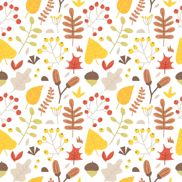 Autumn seamless pattern of leaves, twigs, acorns, branches and berries. Seasons vector illustration, september, october and november atmosphere. Texture from cute hand drawn plants, botanical elements  - Vektor, kép