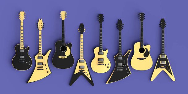 Set of electric acoustic guitars isolated on purple background. 3d render of concept for rock festival poster with heavy metal guitar for music shop - Fotó, kép