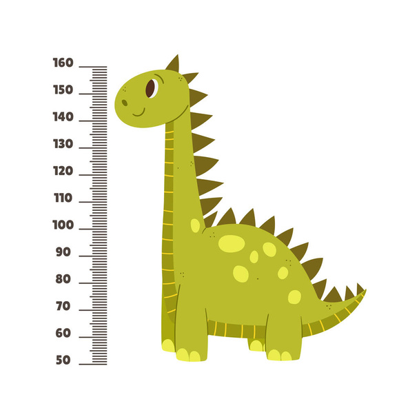 Stadiomètre pour enfants avec dinosaure mignon. Compteur de bébé avec personnage et échelle de Dino drôle de bande dessinée. Tableau de croissance pour la mesure de la hauteur des enfants, autocollant mural pédiatrique isolé. Illustration vectorielle - Vecteur, image