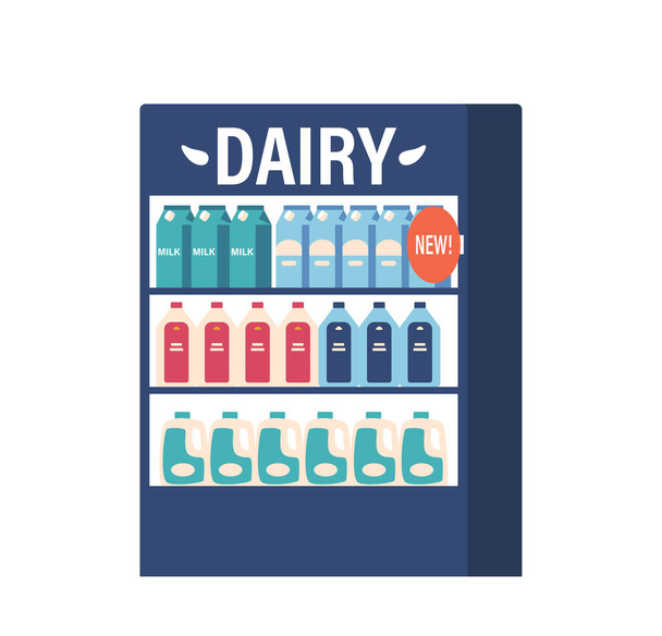 Молочное производство киоск с различными пакетами на полках холодильника изолированы на белом фоне. Супермаркет Продуктовый магазин розничной торговли, мерчандайзинга и потребительского. Вектор мультипликации - Вектор,изображение