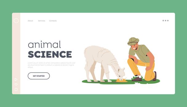 Πρότυπο σελίδας για την επιστήμη των ζώων. Ζωολόγος Χαρακτήρας Μελέτη Ζώων Σε Φυσικό Περιβάλλον. Επιστήμονας φυσιοδίφης Εξερευνήστε και ερευνήστε τη δημιουργία της μαύρης πανίδας Λάμα. Γελοιογραφία Άνθρωποι Εικονογράφηση διάνυσμα - Διάνυσμα, εικόνα