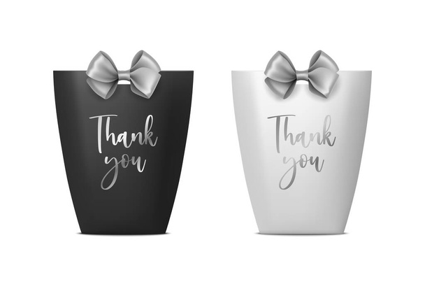 Thank You. Vector 3d Realistic Black and White Paper Gift Bag, Box for Birthday or Party with Gray Silver Bow, Ribbon. Carry Bag for Present Icon Set Isolated on White Background. - ベクター画像