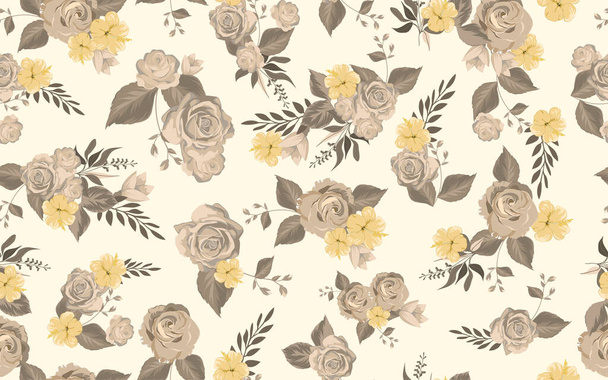 Full seamless lilium rose floral pattern background for fabric print. Brown flower leaves illustration. Vector design for women dress and textile. - Vector, Image