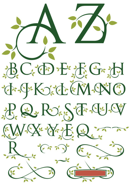 Alfabeto de Swash ornamentado com folhas - Vetor, Imagem