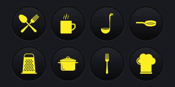 Set Grater Frying pan Cooking pot Fork Kitchen ladle Coffee cup Chef hat and Crossed fork and spoon icon. Vector. - Vector, Image