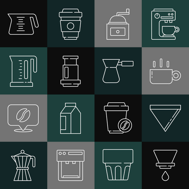 Set line V60 coffee maker Coffee paper filter cup Manual grinder Aeropress Electric kettle pot and turk icon. Vector. - Vector, Image