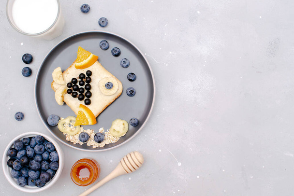 Funny cute fish shape sandwich toast bread with blueberry,great bilberry,orange,milk,honey.Kids childrens babys sweet dessert healthy breakfast lunch food art on plate,gray background,top view. - Photo, Image