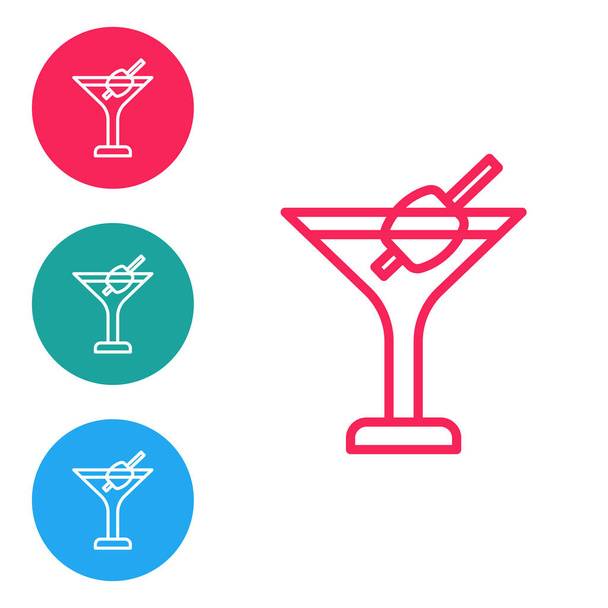 Punainen viiva Martini lasi kuvake eristetty valkoisella pohjalla. Cocktail-ikoni. Viinilasin ikoni. Aseta kuvakkeet ympyrän painikkeita. Vektori. - Vektori, kuva