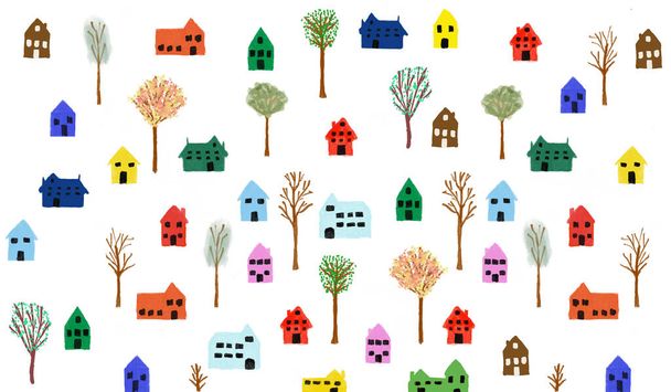 Renkli El beyaz arka planda ağaçlı küçük evler çizdi - Fotoğraf, Görsel