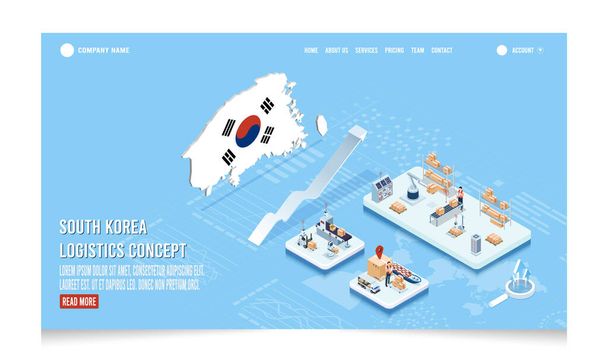 3D izometryczna koncepcja Korea Południowa Logistics z Global Logistics, Logistyka magazynowa, Logistyka frachtu morskiego, Eksport, Import, Ładunek, Powietrze, Drogi, Dostawa morska. Ilustracja wektora eps10 - Wektor, obraz