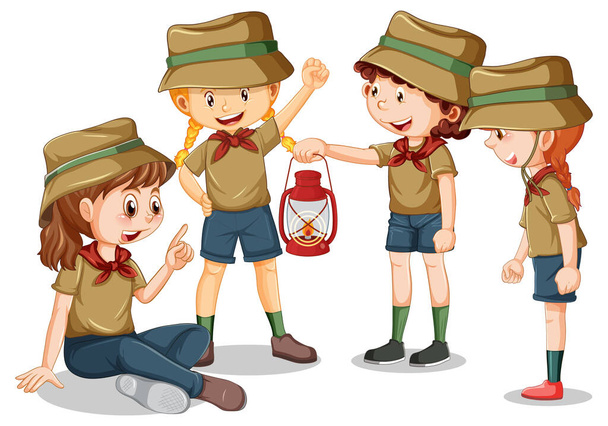 Τέσσερα παιδιά πρόσκοπος απεικόνιση χαρακτήρα κινουμένων σχεδίων - Διάνυσμα, εικόνα