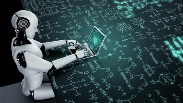 Robot hominoidler dizüstü bilgisayar kullanırlar ve 4. Endüstriyel Devrim için yapay zeka ve makine öğrenme yöntemlerini kullanarak mühendislik bilimi çalışmak için masaya otururlar. 3B görüntüleme - Video, Çekim