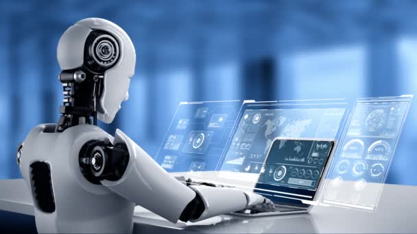 Robot hominoidler dizüstü bilgisayar kullanırlar ve büyük veri analizi için masaya otururlar. Dördüncü endüstriyel devrim için yapay zeka, yapay zeka ve makine öğrenme yöntemlerini kullanarak. 3B görüntüleme. - Video, Çekim